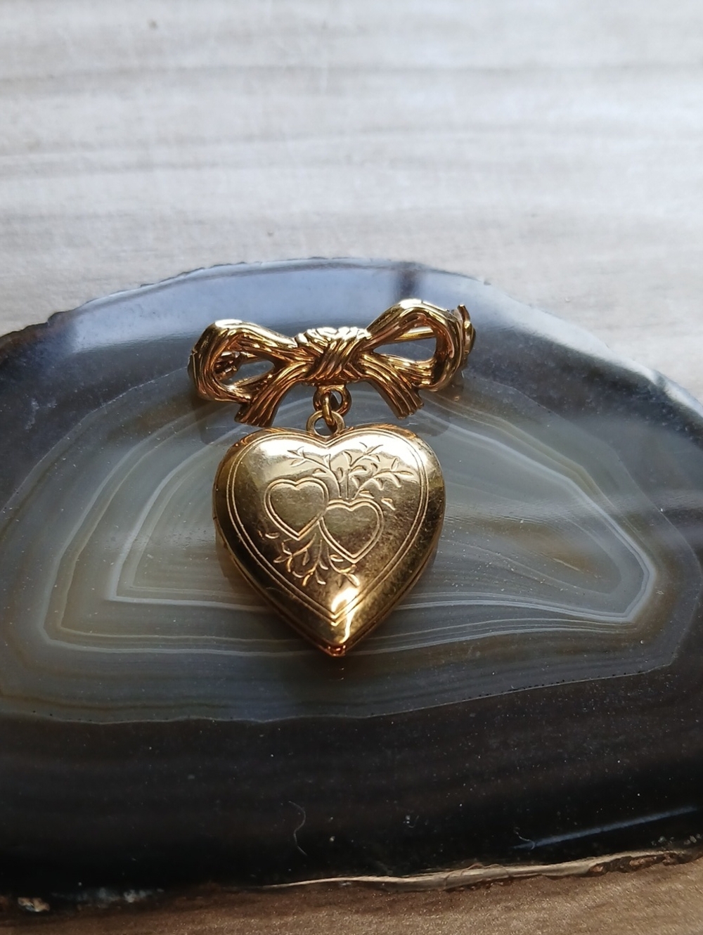 5 For $25 Gold Heart Locket Brooch with Bow Accent
